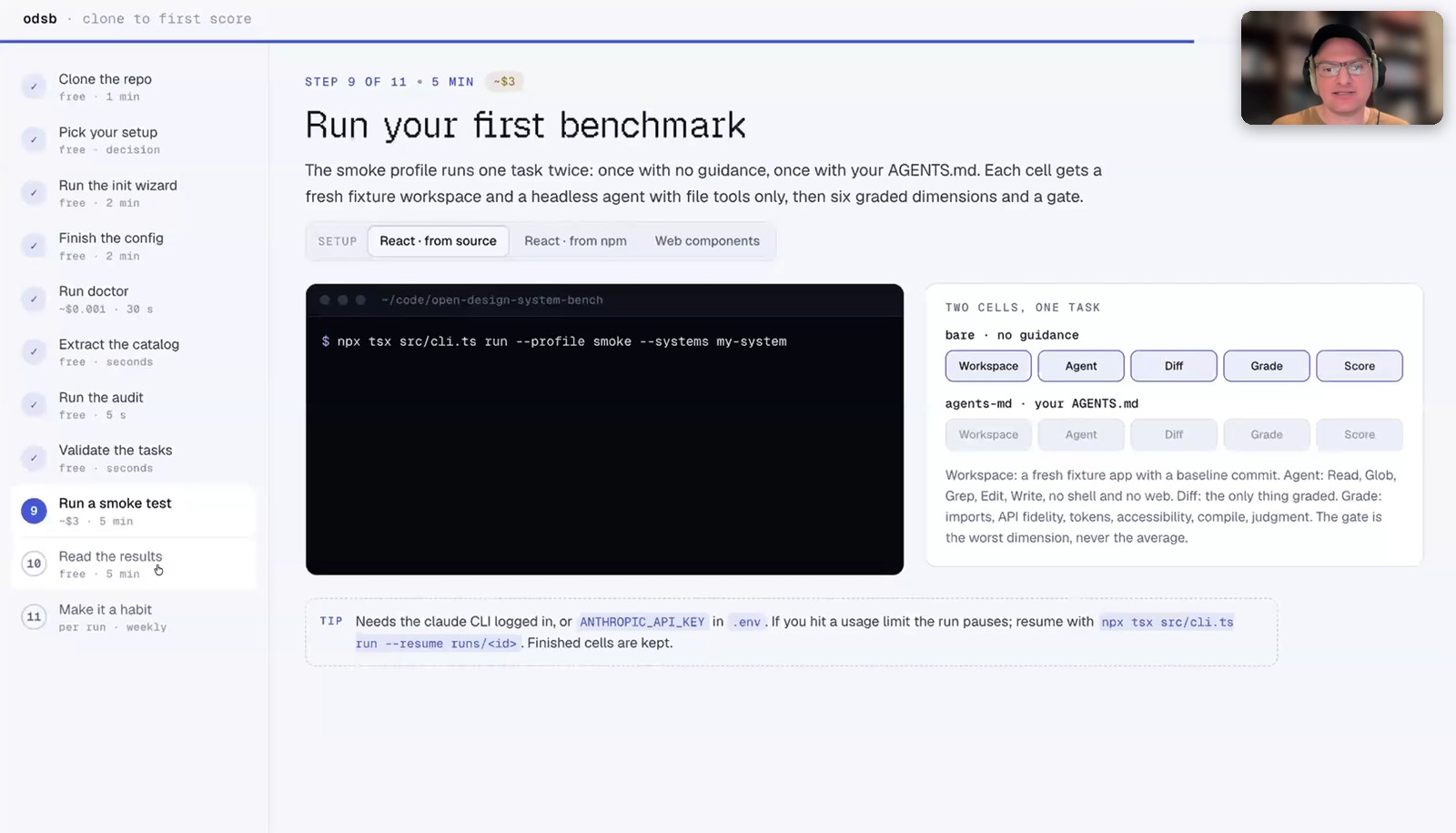 Run your first benchmark: the smoke profile in Open Design System Bench