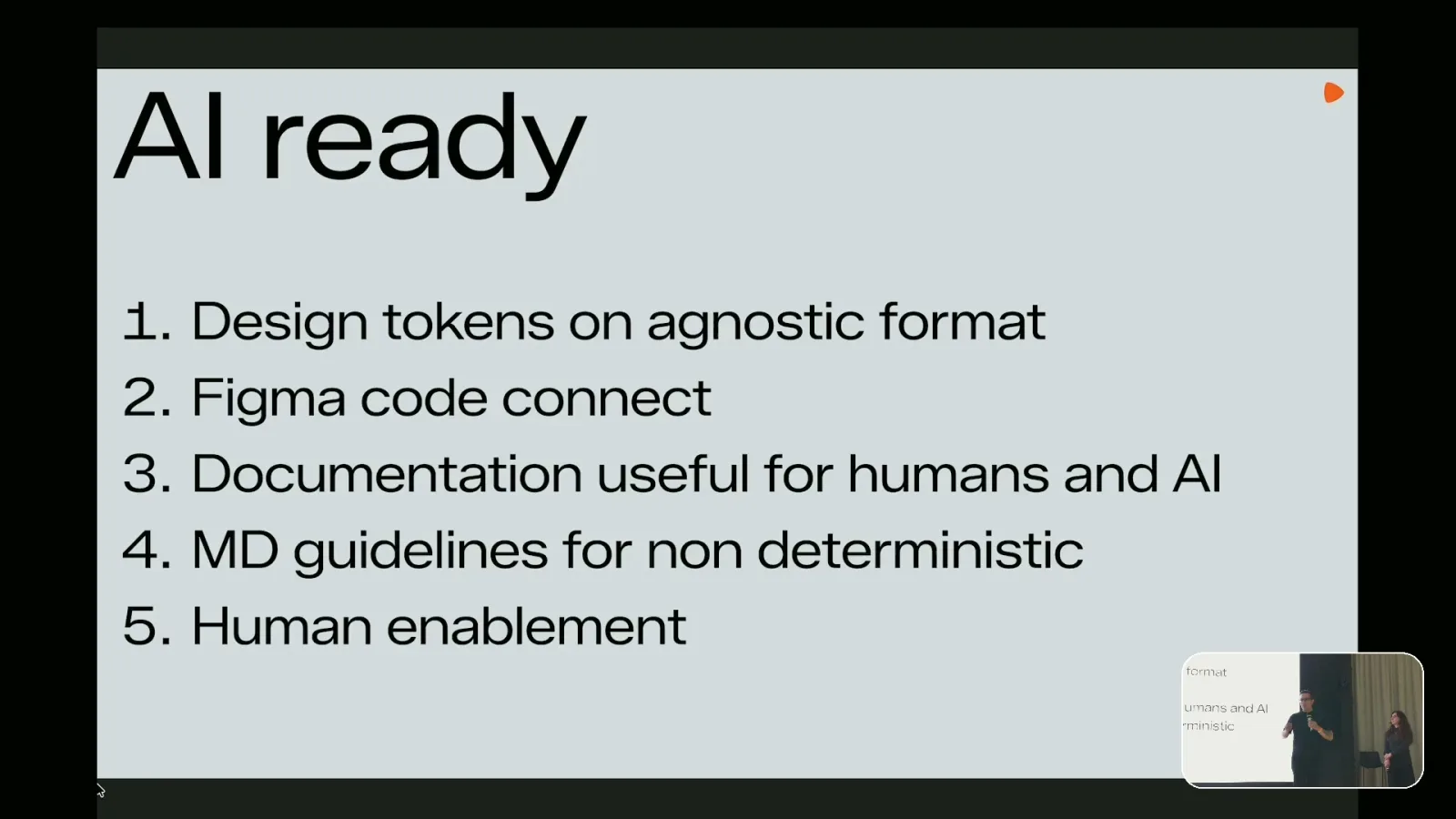 Zalando slide AI ready: design tokens on agnostic format, Figma Code Connect, documentation useful for humans and AI, MD guidelines for non deterministic, human enablement