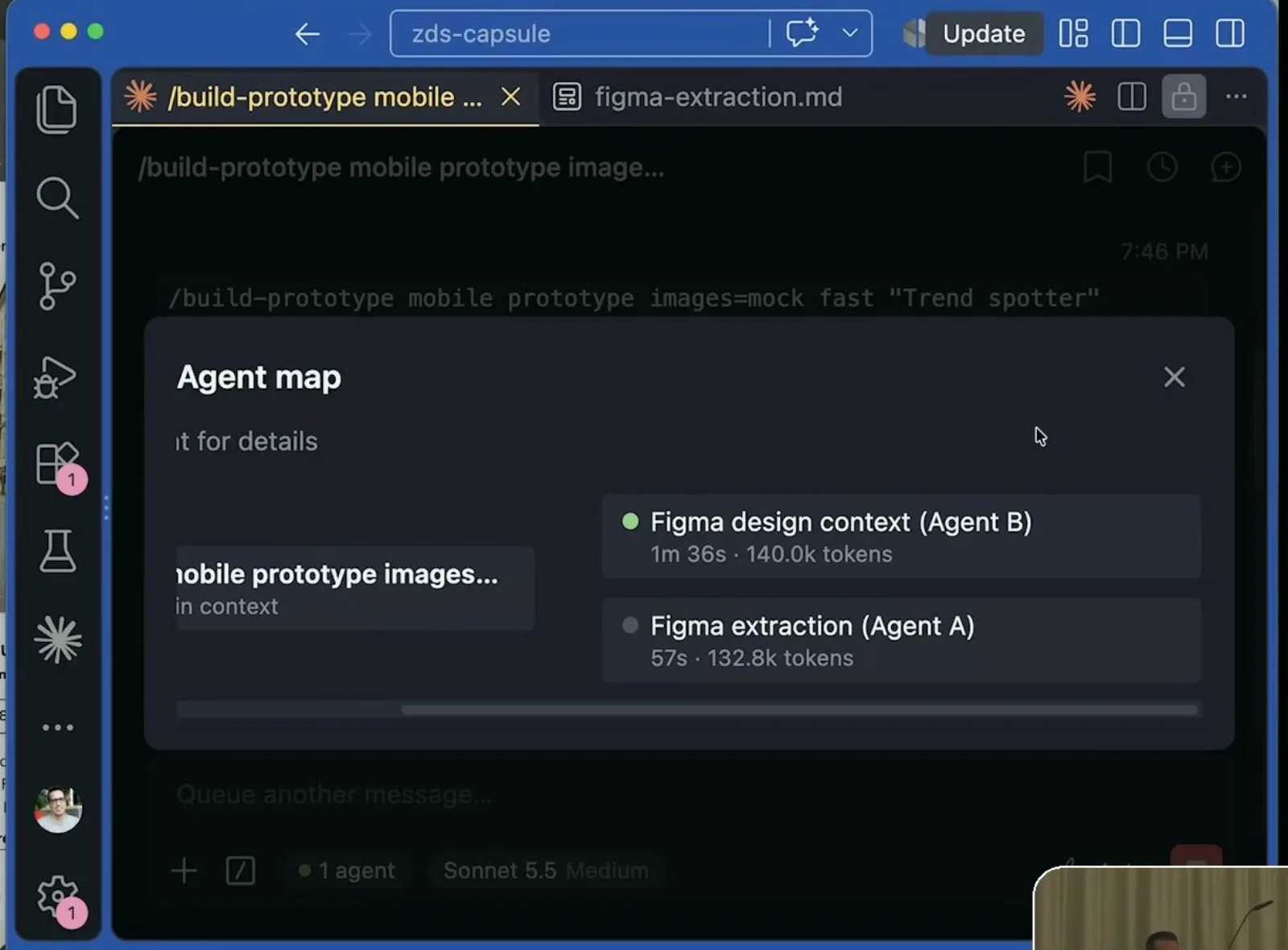 Claude Code agent map: Figma design context agent and Figma extraction agent running in parallel in the ZDS Capsule