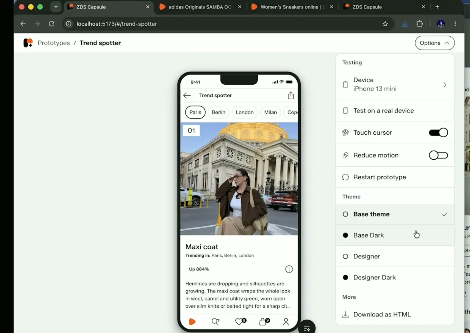 ZDS Capsule Trend spotter prototype with city filters, theme switcher, device testing, reduced motion and download as HTML