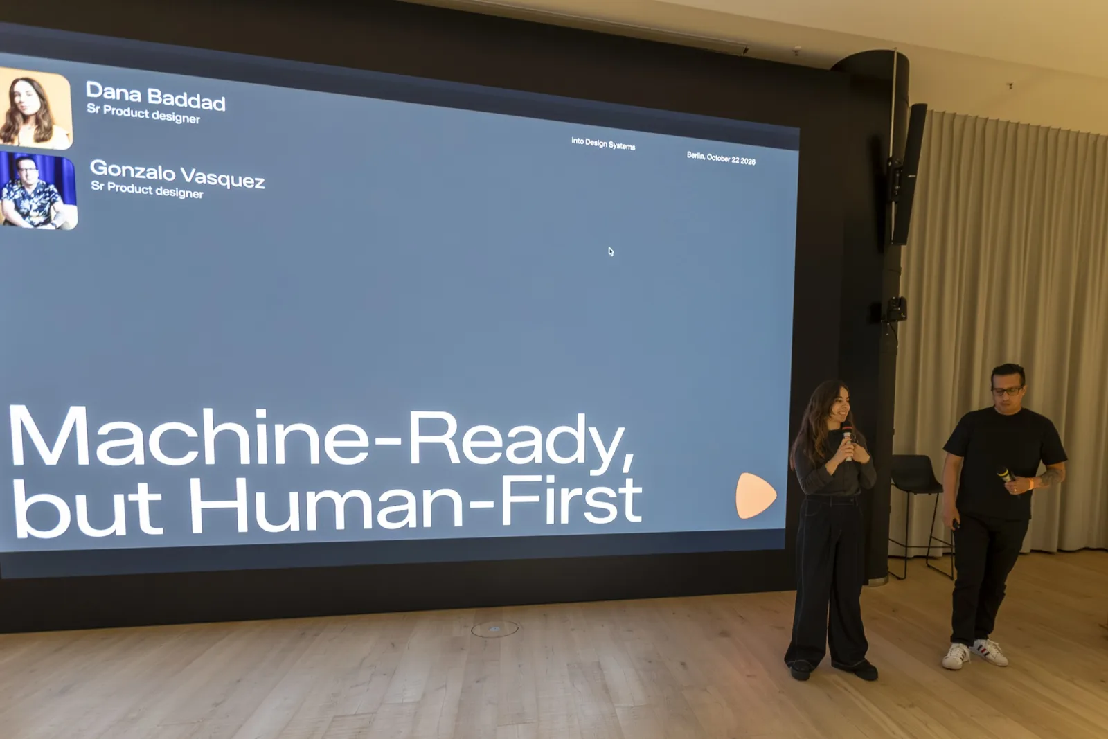 Dana Baddad and Gonzalo Vásquez Correa from the Zalando Design System team presenting Machine-Ready but Human-First at the Into Design Systems meetup in Berlin