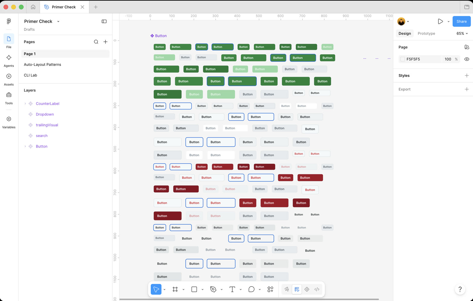 GitHub's Primer Button component set open in Figma, hundreds of variants in green, blue, grey and red laid out in a grid